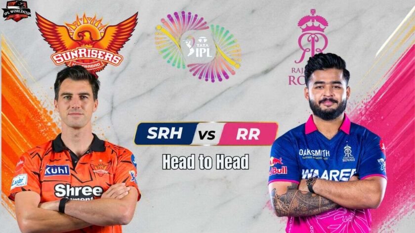 Sunrisers Hyderabad vs Rajasthan Royals IPL match poster featuring Pat Cummins and Riyan Parag.