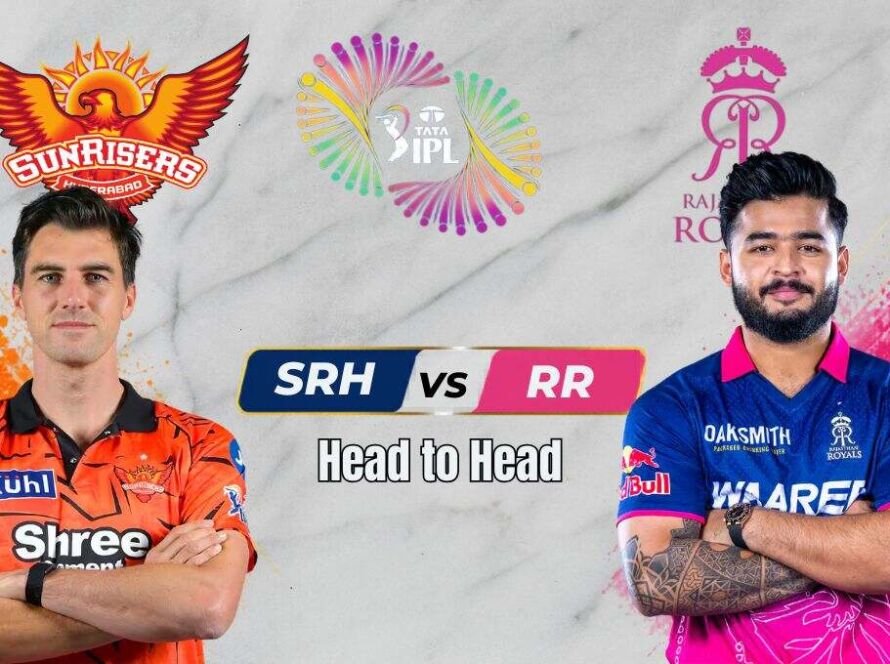Sunrisers Hyderabad vs Rajasthan Royals IPL match poster featuring Pat Cummins and Riyan Parag.