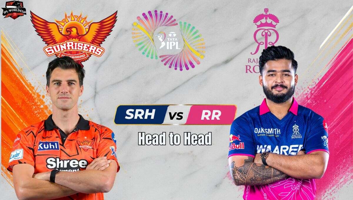 Sunrisers Hyderabad vs Rajasthan Royals IPL match poster featuring Pat Cummins and Riyan Parag.