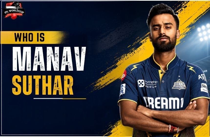 manav suthar in Gujarat Titans jersey with “Who Is manav suthar” cricket profile graphic
