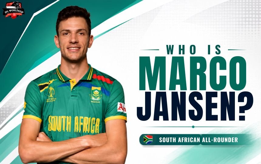 Marco Jansen in a South Africa cricket jersey with “Who Is Marco Jansen?” text and South African all-rounder label.